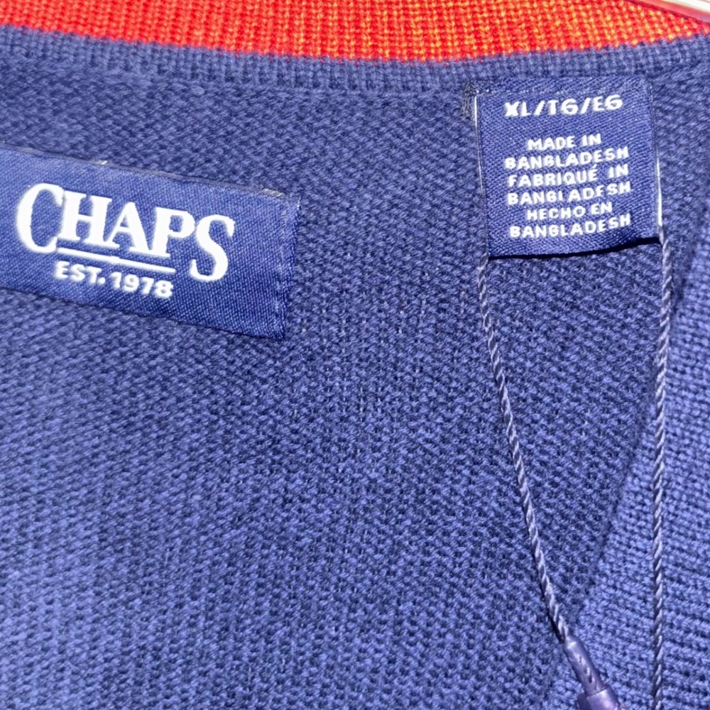 Chaps Mens Navy V-Neck Front Button Cardigan Sweater XLarge Elbow Patches - Picture 2 of 5